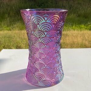 “New” Purple Iridescent Peacock Tail Vase.  (8” H X 5” Wide At Bottom Of Vase)